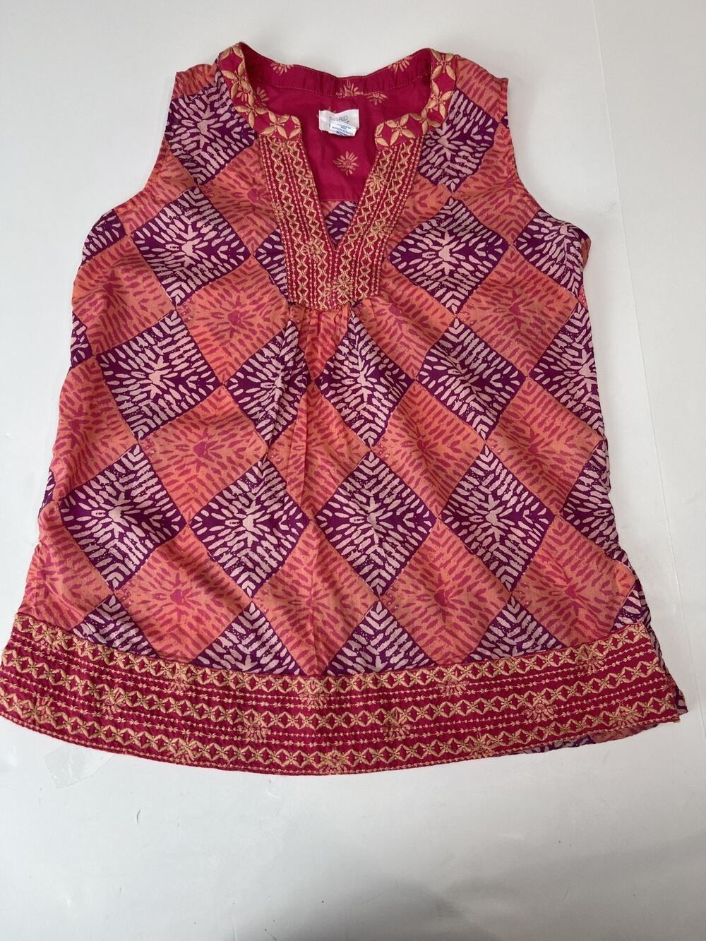 Sigrid Olsen Boho Embroidered Cotton Sleeveless Tunic Pink Orange Geometric Smal